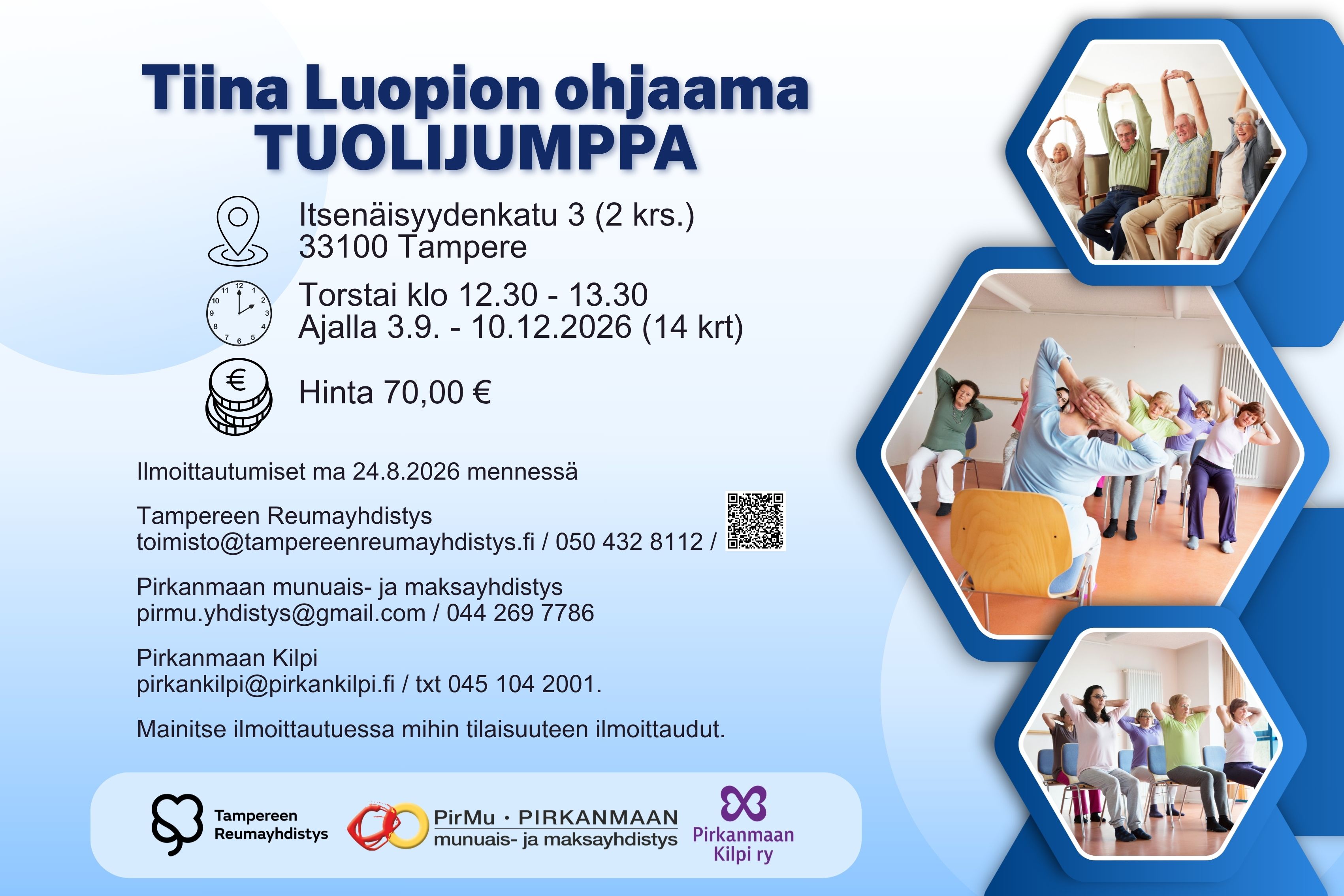 Tuolijumppaan kaivataan vielä lisää osallistujia. Ilmoittaudu sinäkin ja ota kaveri mukaan!